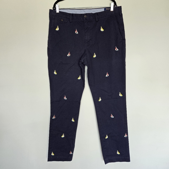 Polo Ralph Lauren Navy Stretch Straight Fit Sailboat Motif Chino Pants Sz 36X34 - Picture 3 of 12